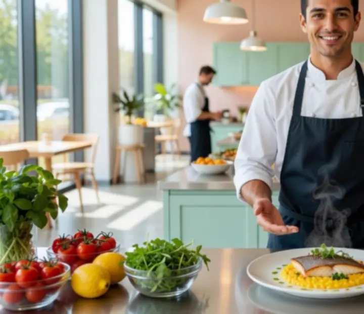 Szef kuchni przygotowujący autorskie, kolorowe danie w restauracji premium