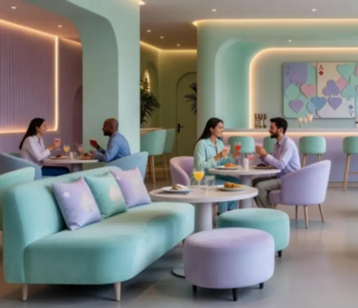 Pastelowe wnętrze restauracji w stylu nowoczesnego casino lounge