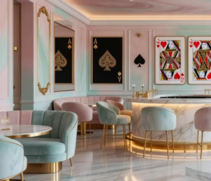 Nowoczesne, pastelowe wnętrze restauracji inspirowane eleganckim stylem casino