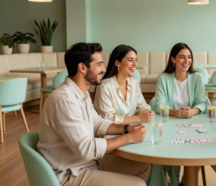 Grupa znajomych przy rekreacyjnym pokerze w stylowych wnętrzach restauracji